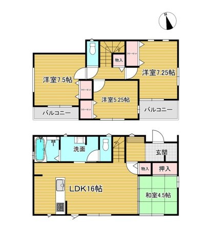 太田市新井町　中古住宅の間取り|4LDK　建物約29坪　リビング広々16帖！洗面脱衣所は3帖と広々+収納棚付き♪