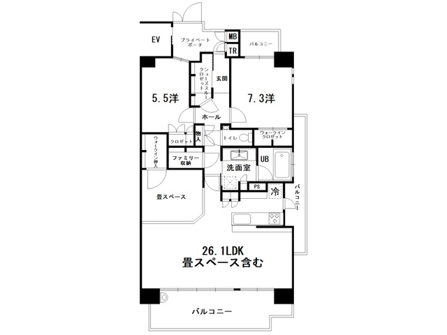 【26.1帖の大空間LDK】高知市升形　クレアホームズ升形ザ・レジデンス　中古マンションの間取り|生活動線に配慮された、暮らしやすいこだわり間取り。