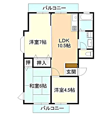 つくば市花畑３丁目　２棟売マンションの間取り|3DK （DK10.5帖 洋室6.9帖 洋室4.5帖 和室6.0畳）
