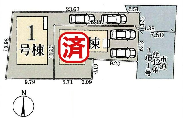 三郷市鷹野1丁目　新築戸建　全2棟　1号棟の区画図|全棟カースペース2台分付き！お庭付きの邸宅です
