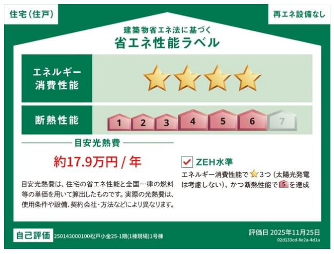 松戸市小金新築戸建【栗ケ沢小学校：10分】の省エネ性能ラベル|省エネ性能ラベル・ZEH水準