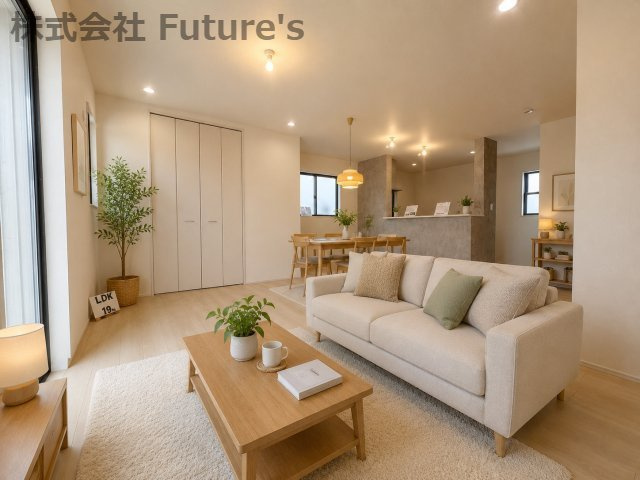 三郷市鷹野1丁目　新築戸建　全2棟　2号棟の居間・リビング|現況の物件写真にCGによる画像処理を行っています。家具、家電、小物、カーテン等はイメージはCGです。