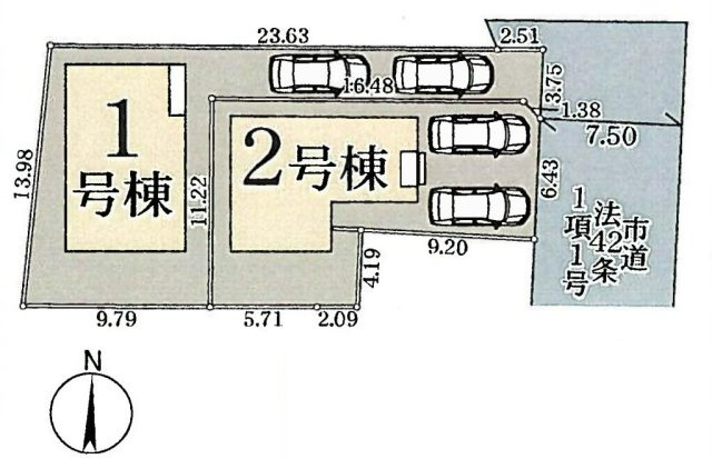 三郷市鷹野1丁目　新築戸建　全2棟　2号棟の区画図|全棟カースペース2台分付き！お庭付きの邸宅です