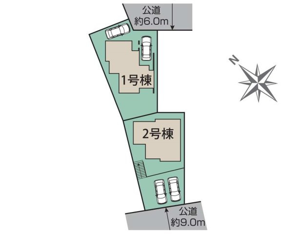 【横浜市緑区長津田みなみ台2丁目8-4全2棟新築戸建て】★仲介手数料無料★（長津田小学校・田奈中学校）の区画図|区画整理された美しい街並みに誕生する全2棟の新築戸建て。前面道路は約6m・約9mとゆとりがあり、開放感良好。カースペースは1号棟1台、2号棟は並列2台駐車可能で、ゆとりある敷地計画です。