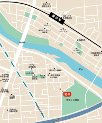 【地図】 | 善法寺町売土地 | 《周辺施設》
・尼崎市立小園小学校　徒歩約13分
・尼崎市立小園中学校　徒歩約7分
・コストコ　徒歩約10分
・イオン、ニトリ　徒歩約12分
・ロピア　徒歩約13分
・善法寺公園　徒歩約3分