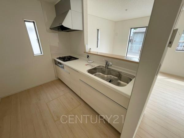 CRADLE GARDEN高崎市吉井町吉井川２号棟のキッチン|シンクも大きく洗い物もしやすい浄水器付。シャワーヘッドは引き出し可能、シンクの隅々まで洗い流せます。