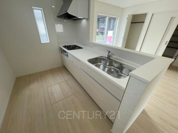 CRADLE GARDEN高崎市吉井町吉井川３号棟のキッチン|シンクも大きく洗い物もしやすい浄水器付。シャワーヘッドは引き出し可能、シンクの隅々まで洗い流せます。