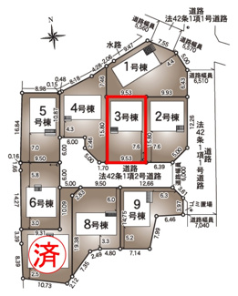 【区画図】 | 永盛小学校・安積中学校区　GRADLE GAEDEN 郡山市安積町笹川　第７　全９棟　３号棟 | 【区画図】３号棟　駐車スペース３～４台と広々しています。