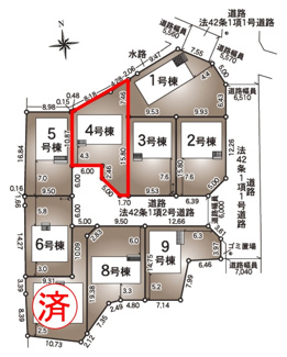 【区画図】 | 永盛小学校・安積中学校区　GRADLE GAEDEN 郡山市安積町笹川　第７　全９棟　４号棟 | 【区画図】４号棟　駐車スペース３～４台と広々しています。