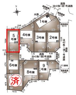 【区画図】 | 永盛小学校・安積中学校区　GRADLE GAEDEN 郡山市安積町笹川　第７　全９棟　５号棟 | 【区画図】５号棟　駐車スペース３～４台と広々しています。