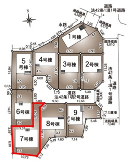 【区画図】 | 永盛小学校・安積中学校区　GRADLE GAEDEN 郡山市安積町笹川　第７　全９棟　７号棟 | 【区画図】７号棟　駐車スペース３～４台と広々しています。