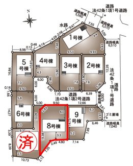 【区画図】 | 永盛小学校・安積中学校区　GRADLE GAEDEN 郡山市安積町笹川　第７　全９棟　８号棟 | 【区画図】８号棟　駐車スペース３～４台と広々しています。