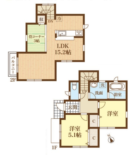 八王子市　泉町　中古戸建ての間取り|～西向き2LDK　プライバシー性の高い2階リビングの間取り～