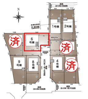 【区画図】 | 開成小学校・郡山第一中学校区　GRADLE GAEDEN 郡山市大槻町　第３８　全９棟　６号棟 | 【区画図】６号棟　駐車スペース３～４台と広々しています。