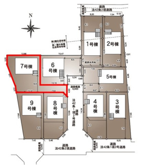 【区画図】 | 開成小学校・郡山第一中学校区　GRADLE GAEDEN 郡山市大槻町　第３８　全９棟　７号棟 | 【区画図】７号棟　駐車スペース３～４台と広々しています。