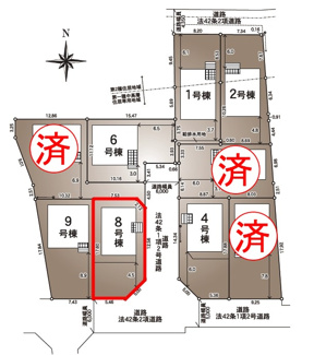 【区画図】 | 開成小学校・郡山第一中学校区　GRADLE GAEDEN 郡山市大槻町　第３８　全９棟　８号棟 | 【区画図】８号棟　駐車スペース３～４台と広々しています。