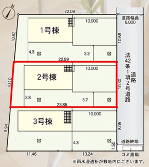 【区画図】 | 須賀川第一小学校・須賀川第一中学校区　GRADLE GAEDEN 須賀川市影沼町　第４　全３棟　２号棟 | 【区画図】２号棟　駐車スペース３～４台と広々しています。