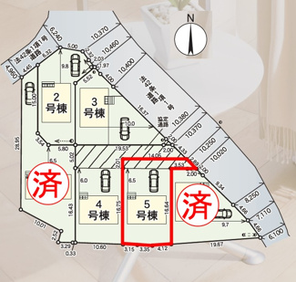【区画図】 | 二本松北小学校・二本松第一中学校区　GRADLE GAEDEN 二本松市郭内　第５　全６棟　５号棟 | 【区画図】５号棟　駐車スペース３～４台と広々しています。