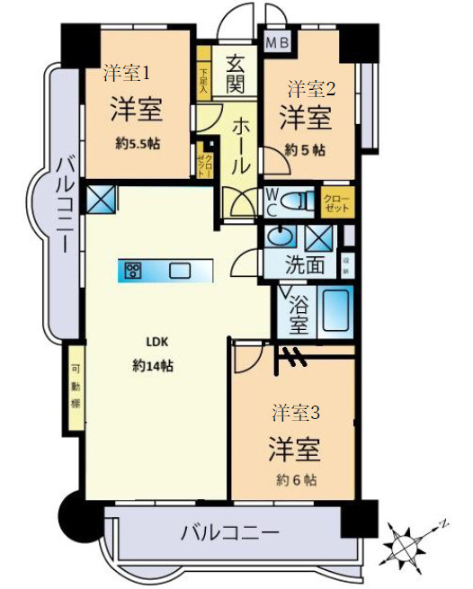サンライフ小倉原町の居間・リビング|家具の配置がしやすい約14帖のLDKです。