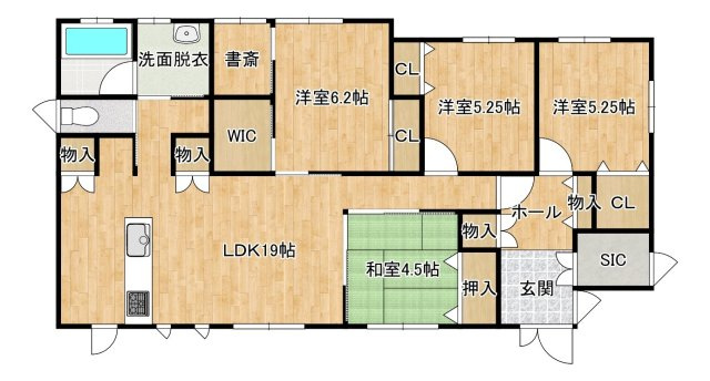 南相馬市鹿島区小池 築浅デザイナーズ平屋中古住宅 4LDK 陽当たり良好！ 不動産プラス の間取り|小上がりの和室を含めて4LDKの間取りとなります。収納がたっぷりとした使いやすい間取りです。約19帖のLDKになっています。南面に窓があるので明るく温かいお部屋になっています。