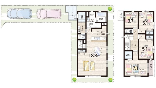 神戸市北区鹿の子台南町　第2期　新築一戸建ての間取り|1号地