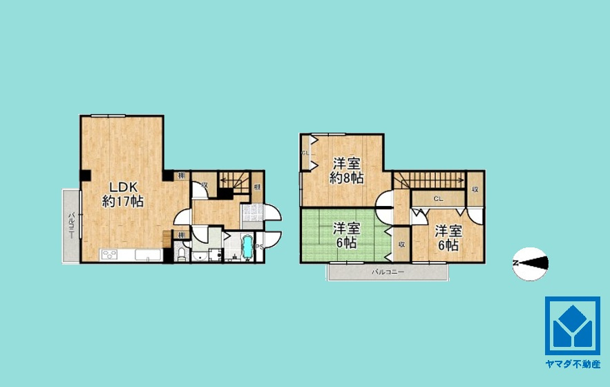 コボリマンション甲東園の間取り|3LDK、専有面積92.88平米、バルコニー面積10平米、5階建てメゾネット2・3階部分の角部屋。2025年10月フルリフォーム済の大変綺麗なお部屋で、即ご入居いただけます。