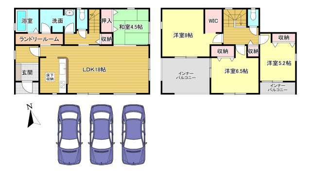 広陵町大野6期　全5棟の間取り|2号棟　土地面積：207.39ｍ2　建物面積：120.06ｍ2　駐車並列3台可能