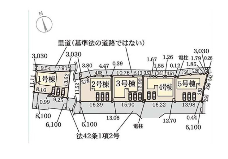 広陵町大野6期　全5棟の区画図