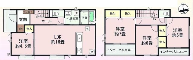 新築　前橋市朝日が丘町　Heartful　Town　１号棟の間取り|建物面積105.37㎡　全居室南向き♪シューズインクローク・各部屋収納付きで便利です！インナーバルコニーなので急な雨でもお洗濯物も安心です。