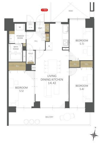 ヴェルディ宇品東の間取り|リビングを通り各部屋へ。1室はリビングと一体的な空間利用が可能。家族の繋がりを感じられる3LDKです
