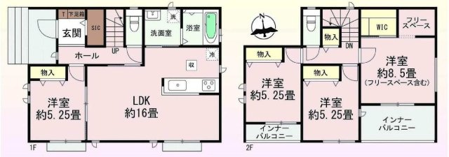 新築　前橋市南町２丁目　Heartful　Town　１号棟　の間取り|建物面積107.23㎡　全居室南向き♪シューズインクローク・ウォークインクローゼット・フリースペース・各部屋収納付きで便利です！インナーバルコニーなので急な雨でもお洗濯物も安心です。