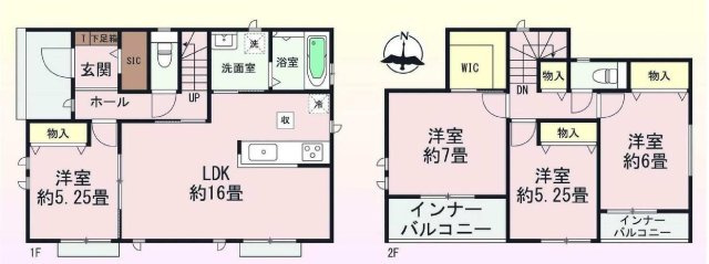 新築　前橋市六供町１丁目　Heartful　Town　１号棟の間取り|建物面積105.58㎡　全居室南向き♪シューズインクローク・ウォークインクローゼット・各部屋収納付きで便利です！インナーバルコニーなので急な雨でもお洗濯物も安心です。