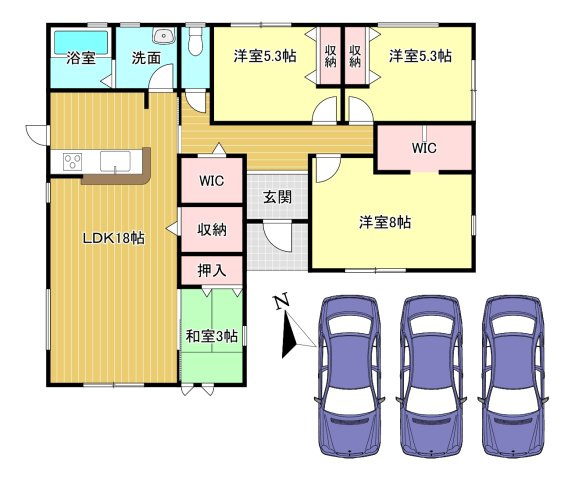 広陵町大野6期　全5棟の間取り|3号棟　土地面積：207.27ｍ2　建物面積：95.64ｍ2　駐車並列3台可能