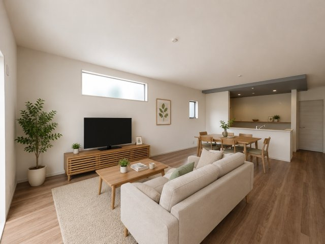 広陵町大野6期　全5棟の居間・リビング|LDK18帖（画像の家具はAIによって作成したものです）