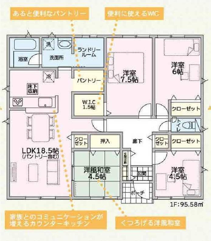 新築　伊勢崎市曲沢町第５　クレイドルガーデン　3号棟　の間取り|建物面積95.58㎡　広々18.5帖のリビングの4LDKの平屋のお家！パントリー・ウォークインクローゼット・各部屋収納付きで便利です！