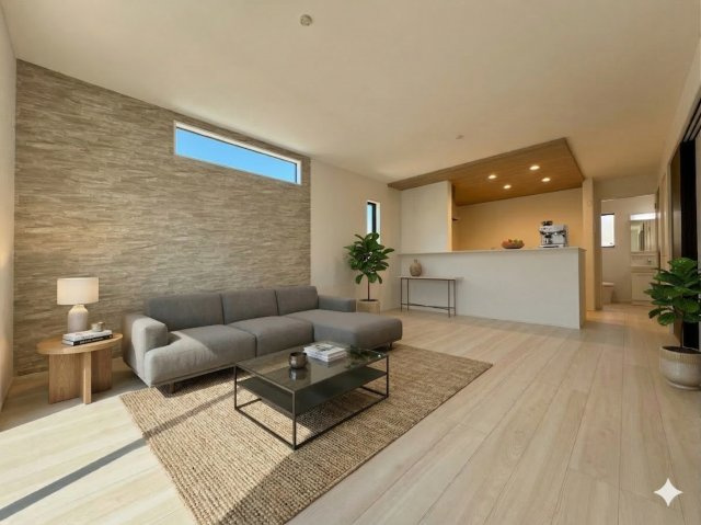 「スーパーすぐ近く」土佐市高岡町甲4期2号棟　新築一戸建ての居間・リビング|家族でゆったり過ごせる開放的なLDK☆おしゃれなアクセントクロスが空間のポイント※家具はイメージです