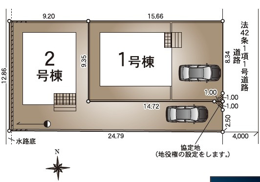松本市南原1丁目　新築一戸建ての区画図|東側幅員4m公道に面し静かな住環境