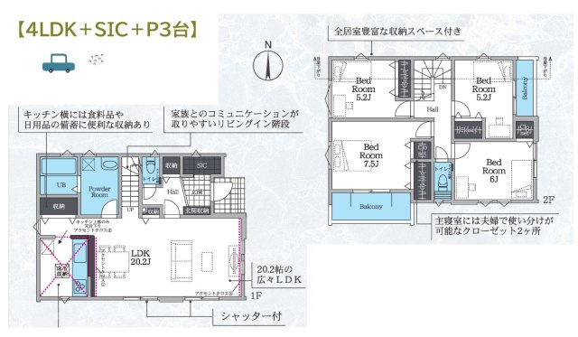 【間取り】 | プライバシーを確保しやすい角住戸☆駐車スペース3台完備！
玄関にSICを設置！ベビーカーやアウトドア用品も汚れを気にせず収納できますよ！