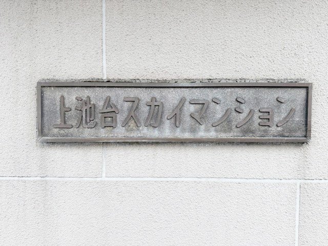 【現況写真】 | 上池台スカイマンション | エントランスに掲げられた、マンション名を示す館銘板。さほど激しく主張はしませんが、しっかりと掲示されています。～即日のご見学可能～　お問合せはお気軽にどうぞ。
