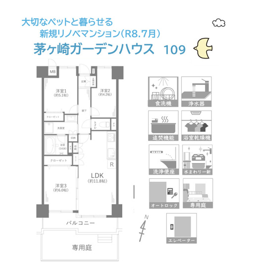 【間取り】 | 大切なペットと暮らせる3LDKリノベマンション（R8.7月中旬）　
小・中学校近く、コンビニ（徒歩３分）暮らしやすさも魅力の一つ！
アフターサービス保証もお付けしております♪