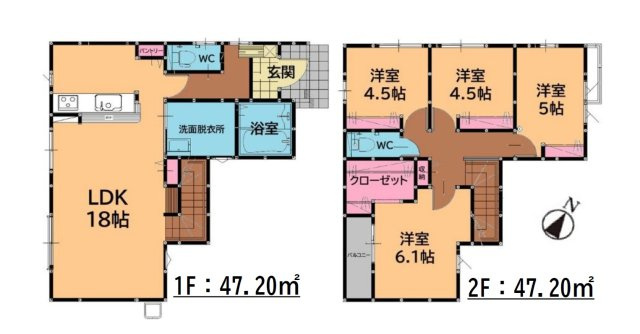 糟屋郡須恵町新原第6-2棟（1号棟）の間取り|全居室収納付きで便利です。
