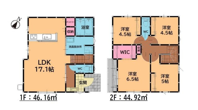 糟屋郡須恵町新原第6-2棟（2号棟）の間取り|全居室収納付きで便利です。