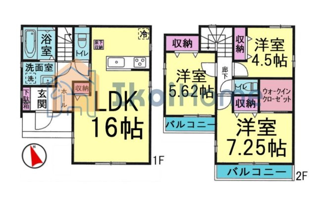神戸市西区玉津町今津　新築戸建の間取り|3LDK＋WIC完備！全室二面採光＆南西向きで陽当り・通風良好♪南西向きバルコニー2か所付きです！