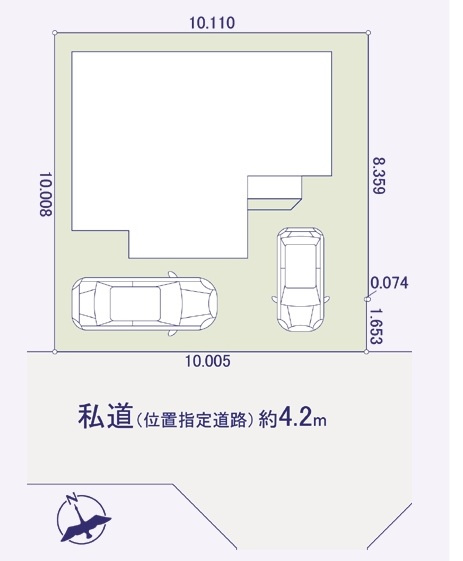 所沢市小手指南6丁目・全1棟　新築一戸建　～LDK17帖～の区画図|駐車2台可(車種制限あり)、南西道路に面し日当たり良好です。
