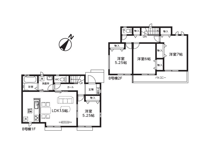 【間取り】 | ふじみ野市大井中央3丁目　新築一戸建住宅　全2棟　(ふじみ野店) | B号棟/水回りが集中し家事効率良好な4LDKの住まい。全居室収納完備しスッキリと暮らしやすいです。※図面を基に作成しています。現況と異なる場合は現況を優先いたします。