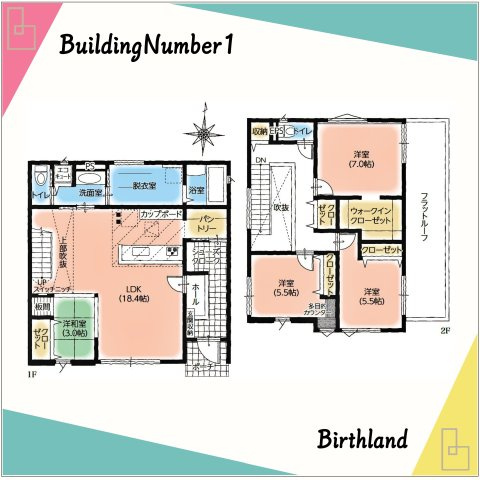 新築戸建・新築建売　会津若松市門田町　小金井小学校・第四中学校の間取り|【1号棟】シューズクロークからパントリーへも出入りできる買い物帰り動線が楽な間取り♪