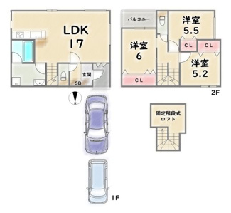 【土地図＋建物プラン例】 | 右京区西京極午塚町　建築条件つき | 《2号地：建築プラン例》建物価格1929万円、建延82.43平米