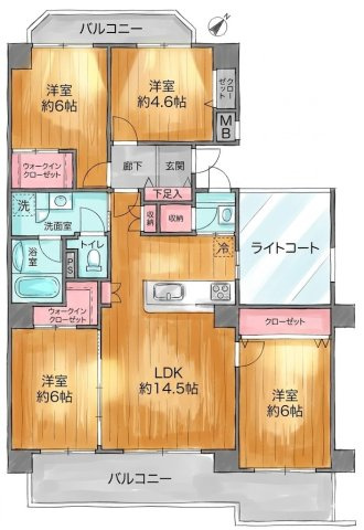 ロイヤルヒルズ上大岡の間取り|4LDK、価格2580万円、専有面積83.61m2、バルコニー面積12.87m2 【LDK　14.5帖】 【洋室　6.0帖・6.0帖・6.0帖・4.6帖】