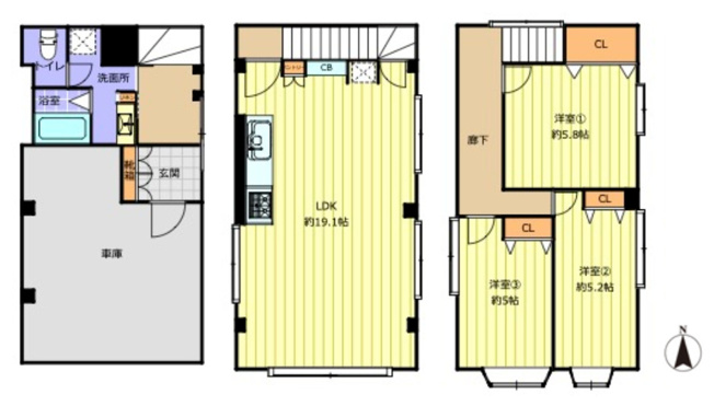 【間取り】 | 東住吉区湯里3丁目 | 【全洋室3LDK＋車庫】室内水廻り設備一新！建具新調、内外装全面リフォーム済み☆LDK広々約19帖！食洗機・浴室乾燥機・TVモニターホン新調完備です☆