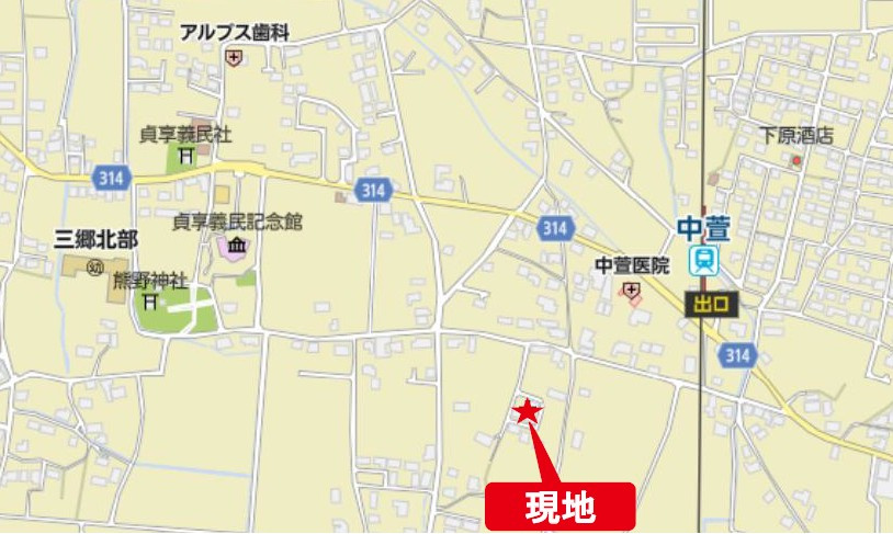 安曇野市三郷明盛　中古戸建の地図|JR大糸線「中萱」駅まで徒歩約6分の立地です。